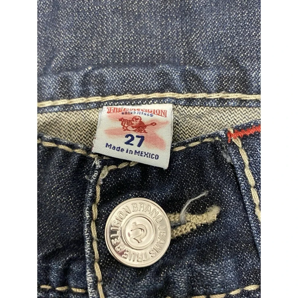 True Religion Straight Flap Earthworm Big T Indigo Heart Dark Wash Jeans Size 27